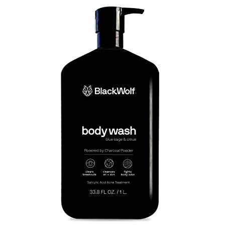 Black Wolf Charcoal Powder Body Wash for Men, 1 Liter - Charcoal Powder & Salicylic Acid Reduce Acne Breakouts & Cleanse Your Skin from Toxins & Impurities - Rich Lather for Full Coverage, Deep Clean