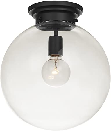 Globe Electric 65954 Portland 1-Light Semi-Flush Mount Ceiling Light, Black Finish, Clear Glass Shade