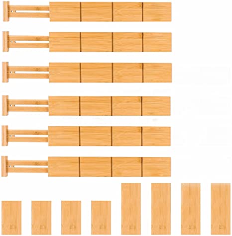 Ecozoi Bamboo Drawer Divider Organizers, Set of 6 Dividers with 8 Connectors for Flexible Organizing