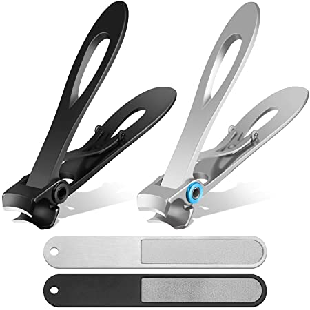 4-Piece Nail Clippers Nail Files Set, 15 mm Wide Jaw Opening Oversized Thick Nail Clippers Toenail Fingernail Stainless Steel Nail Cutter Trimmer for Thick Nails Manicure Pedicure, Black and Silver