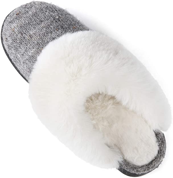 ULTRAIDEAS Women's Cozy Memory Foam Scuff Slippers with Plush Fuzzy Faux Rabbit-Wool Collar, Ladies' Slip on Knitted House Shoes with Indoor Outdoor Anti-Skid Rubber Sole