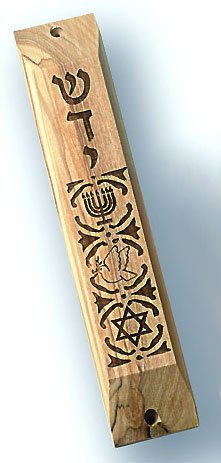 Olive Wood Mezuzah Case with Menorah and Star of David and Scroll