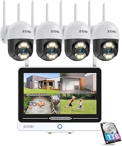 ZOSI 2K 8CH All in one PTZ Wireless Security Camera System with 12.5in LCD Monitor, 4x 3MP Outdoor Indoor Pan/Tilt Cameras with 2 Way Audio,Night Vision,Human Detection,1TB HDD for Home 24/7 Recording