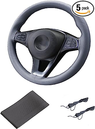 WenMei Leather Steering Wheel Cover Stitch On Wrap,Hand Sewing Steering Wheel Cover Lace-up Sport Grip Steering Wheel Wrap with Air Hole Non-Slip & Breathable Car Accessories (Grey)