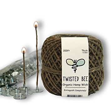 100% Organic Hemp Candle Wick + Wick Sustainer Tabs | Twisted Bee, 200ft(Thick) x 200pcs