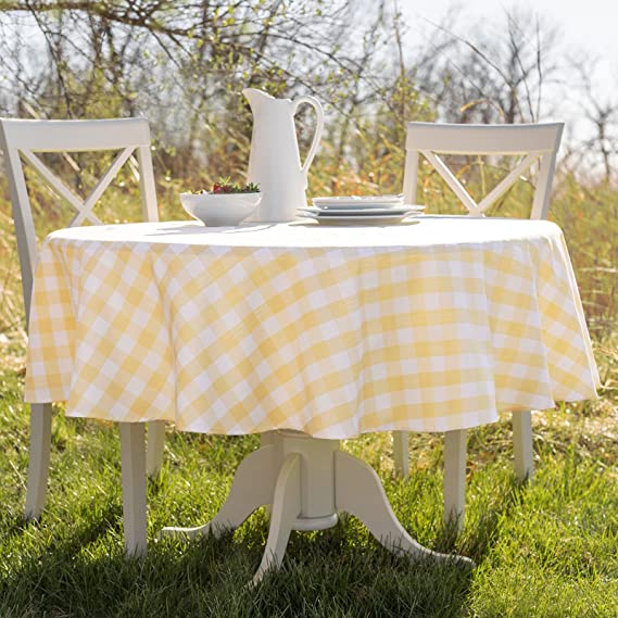 Benson Mills Indoor Outdoor Spillproof Tablecloth for Spring/Summer/Party/Picnic (Yellow Buffalo Check, 70" Round)