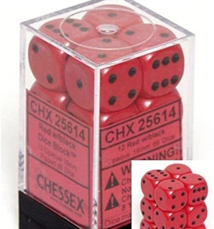 Chessex Dice d6 Sets: Opaque Red with Black - 16mm Six Sided Die (12) Block of Dice