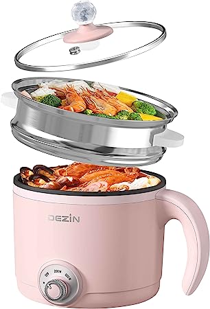 Dezin Electric Cooker with Steamer, 1.5L Rapid Noodles Cooker, Non-Stick Mini Pot Perfect for Ramen, Egg, Pasta, Dumplings, Soup, Porridge, Oatmeal with Power Adjustment, College Dorm Room Essential