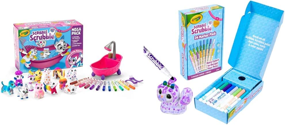 Crayola Scribble Scrubbie Pets Mega Pack, Toddler Toys for Boys & Girls, Gifts for Kids Ages 3  & Scribble Scrubbie Pets Marker Set, 24 Washable Markers for Kids