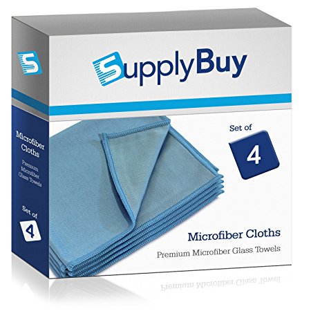 SupplyBuy Premium Microfiber Towels | Lint-Free, Streak-Free Cleaning Cloths for Glass, Mirrors, and Windows | Pack of 4 - 12x16 (12" x 16")