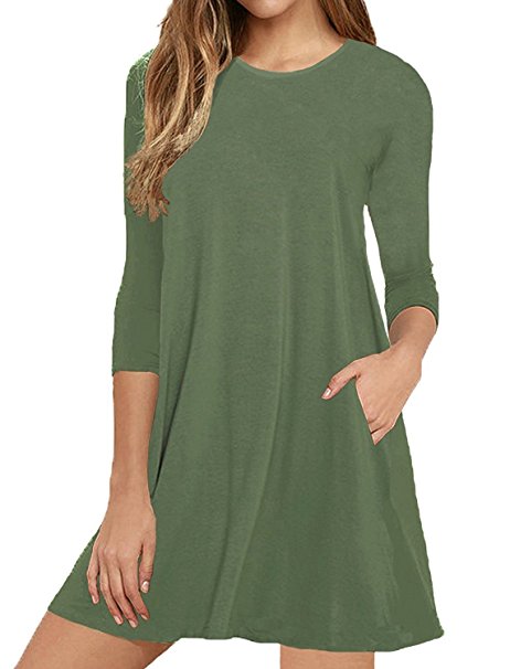 Women's Basic 3/4 Sleeve Pocket Casual Loose T-Shirt Dress O-Neck Soft