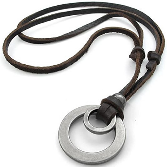 KONOV Mens Womens Double Ring Pendant Adjustable Leather Cord Necklace Chain, Brown Silver