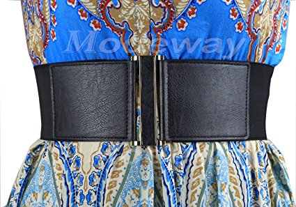 Modeway Women's Leather 3"wide Elastic Stretch Cinch Waist Belt, Metal Buckle Fashion Waistband