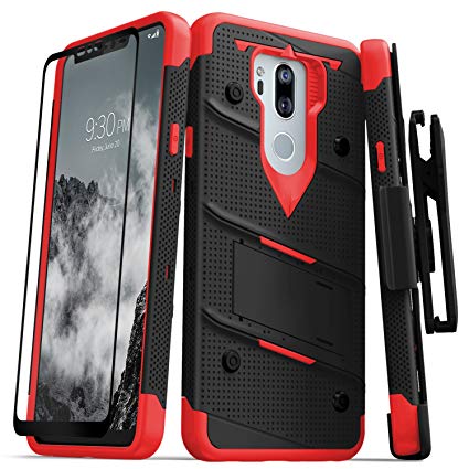 Zizo Bolt Series Compatible with LG G7 ThinQ Case Military Grade Drop Tested with Tempered Glass Screen Protector, Holster, Kickstand Black RED