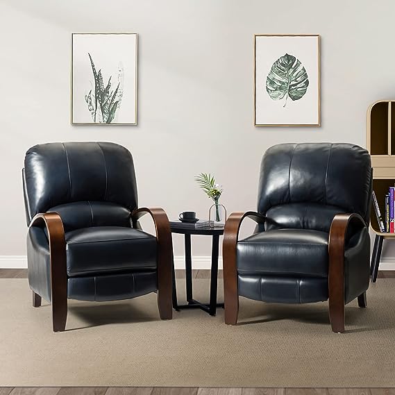 HULALA HOME Genuine Leather Manual Recliners Set of 2 with Wood Armrest & Feet, Headrest & Lumbar Support, Mid-Century Modern Push Back Reclining Armchairs for Living Room Bedroom, Navy