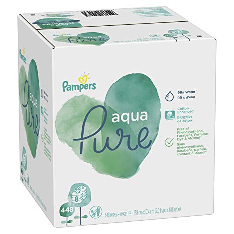 Pampers Aqua Pure 8 Pop-Top Packs Sensitive Water Baby Diaper Wipes, Hypoallergenic and Unscented 448 Count