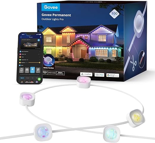 Govee Permanent Outdoor Lights Pro, 100ft with 60 RGBIC Warm Cold White LED Lights, 75 Scene Modes for Halloween, Christmas, IP67 Waterproof, Work with Alexa, Google Assistant, Matter, White Version