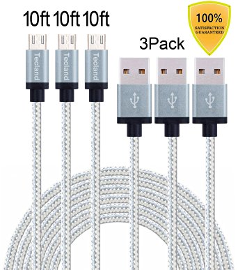 Tecland Android 3 Pack 10FT Premium Tangle-Free Braided Flexible Micro USB Cables Fastest Charging Durable USB for Android, Samsung, HTC, Motorola, Nokia, Blackberry and More (gray & silver)