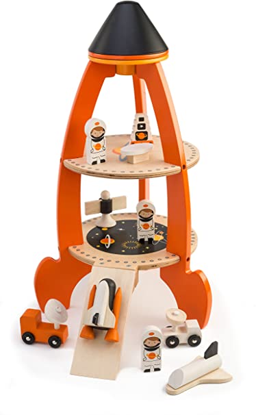 Cosmic Rocket Playset - 10 Pc Wooden Rocket and Outer Space Themed Set - Made with Premium Materials and Craftsmanship - Develop Imaginative Role Play and Science Interest - For Children 3