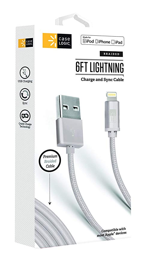 Case Logic 6 Foot Braided Lightning to USB A Cable Apple MFI-Certified iPhone Charger Cable (Silver)