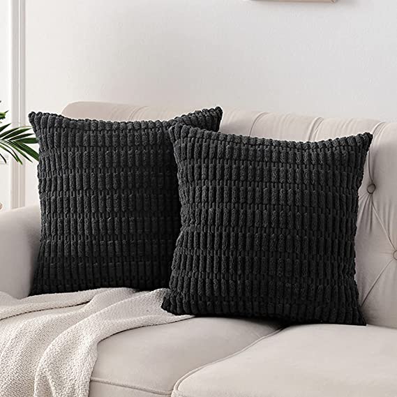 Fancy Homi 2 Packs Black Decorative Throw Pillow Covers 22x22 Inch for Living Room Couch Bed Sofa, Rustic Farmhouse Boho Home Decor, Soft Striped Corduroy Square Cushion Case 55x55 cm