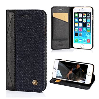 iPhone 6 Case, Lensun Denim with Genuine Leather Spine Slim Flip Case Cover for Apple iPhone 6 / 6S 4.7" - Black (6G-NZB-BK)