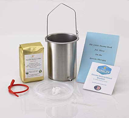 PureLife Coffee Enema Kit - Light Air Roast Enema Coffee -For Gerson Therapy - USA Made Stainless Steel Enema Bucket - Silicone Enema Tubing And Nozzle -Ships Fresh And Direct From Manufacturer