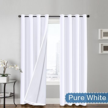 FlamingoP Full Blackout Pure White Curtains Faux Silk Satin with White Liner Thermal Insulated Window Treatment Panels, Grommet Top (52 x 108 Inch, Set of 2)