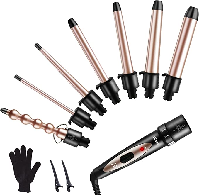 7 in 1 Curling Iron Wand Set, Ohuhu Upgrade Curling Wand with 7Pcs 0.35 to 1.25 Inch Interchangeable Ceramic Barrel and Heat Protective Glove, Dual Voltage Hair Curler, Rose Gold