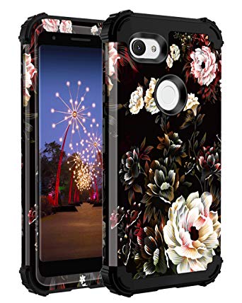 LONTECT for Google Pixel 3a Case Floral 3 in 1 Heavy Duty Hybrid Sturdy Armor High Impact Shockproof Protective Cover Case for Google Pixel 3a 2019, Black/White Flower