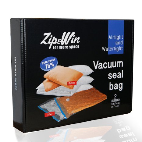 Vacuum Storage Bags - 2 Clear Extra Thick Jumbo Space Saver Bags for Clothes, Duvets, Storage By Zip&Win (35"x48")