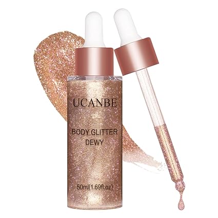 UCANBE Hydrating Body Glitter Dewy Highlighter Makeup Luminizer Drops Body Shimmer Liquid Face Glow Sparkles for Women Gifts (Rose Gold #03)