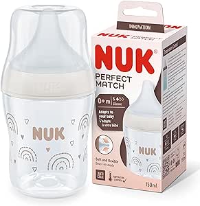 Biberón Perfect Match de NUK |  0 meses | Se adapta al paladar del bebé | Control de temperatura | Ventilación anticólico | 150 ml | Sin BPA | Tetina de silicona pequeña | Arcoíris