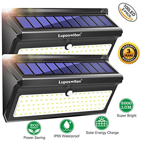 Solar Lights Outdoor 100 LEDs, Motion Sensor Wireless Waterproof Security Light, Solar Lights for Garden, Patio, Yard, Driveway, Garage, Porch, Pathway by Luposwiten [2PACK]