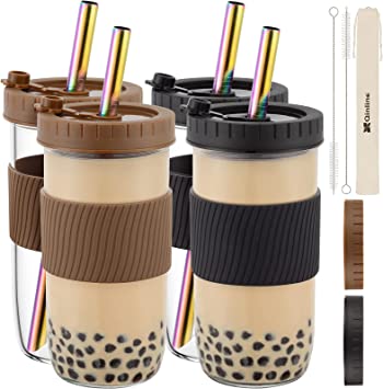 Reusable Boba Cup Bubble Tea Cup 4 Pack, 24Oz Wide Mouth Smoothie Cups with Lid, Silicone Sleeve & Angled Wide Straws, Leakproof Glass Mason Jars Drinking Water Bottle Travel Tumbler for Large Pearl