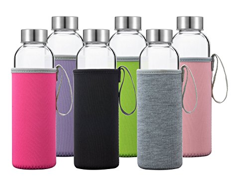Glass Water Bottles 6 Pack Deluxe Set 18oz - Includes 6 Sleeves. Stainless Steel Lids - Kombucha, Juice, Tea