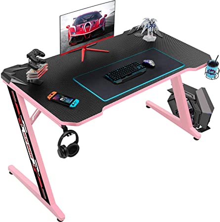 Flamaker Gaming Desk 44 Inch Gaming Table Computer Desk Gamer Table Z Shape Game Station with Large Carbon Fiber Surface, Cup Holder & Headphone (Pink)