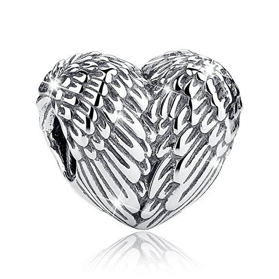 BAMOER 925 Sterling Silver Feathers Angel Wing Heart Shape Charm Bead Fit Bracelet Necklace