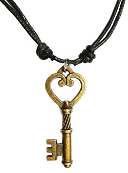 Antique Bronze Unisex Skeleton Key Charm Pendant Adjustable Cord Necklace 16" (SKBzPNL)