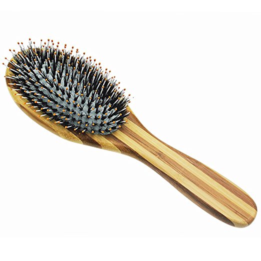 Boar Bristle Hair Brush - Bamboo Brush for Shiny, Healthy Hair and Preventing Breakage, Damage Split Ends, Frizzy, Unmanageable Locks - Added Pins to Detangle & Scalp Stimulation. Eco-Friendly Paddle