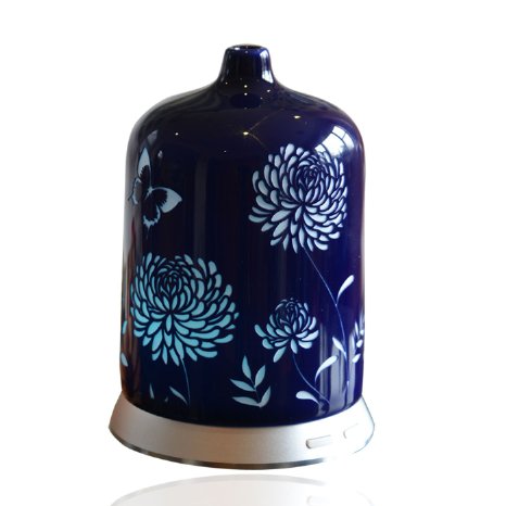 Smiley Daisy Aromatherapy Essential Oil Diffuser - Quiet Electric Ultrasonic With Beautiful Handcrafted Porcelain Cover - Continuous and Intermittent Mist With LED Light - 100 ML (Sapphire Blue)