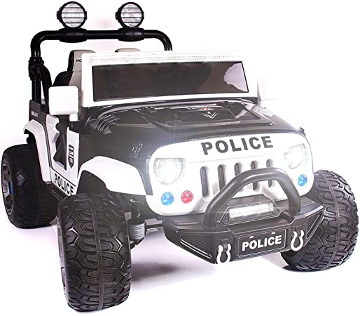 2020 Two (2) Seater Ride On Kids Police Car Truck w/ Remote Control | Large 12V Power Battery Licensed Kid Car to Drive - 3 Speeds, Leather Seat, MP3 Music Player Bluetooth FM Radio, Foam Rubber Tires