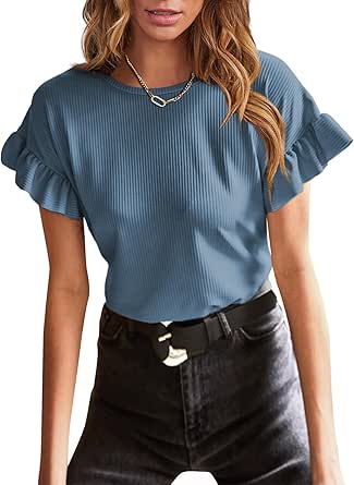 EVALESS Womens Short Sleeve Casual Basic T Shirts Summer Ruffle Plain Round Neck Knit Loose Fit Tee Tops Blouses