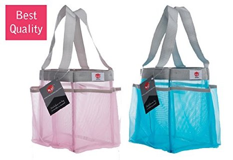 Shower Caddy - Quick Dry Hanging Dorm Shower Caddy - Hanging Toiletry Bag - Shower Caddies Organizer - Shower Bag 7 Storage Totes Compartments - Now 30% larger - One Blue + One Pink