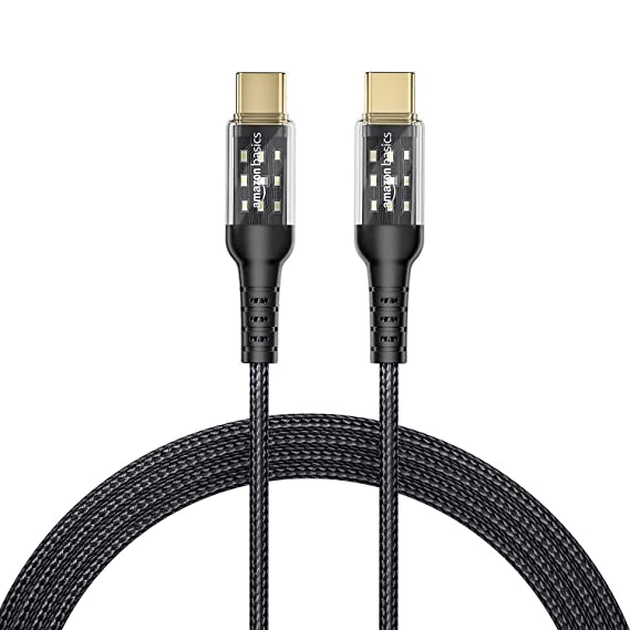 AmazonBasics Braided USB Type-C to Type-C 60W Fast Charging Data cable with Transparent Shell and LED indicator (Black/White -1.2 Meter)