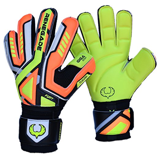 Renegade GK Fury Goalkeeper Gloves With Removable Pro Fingersaves - 3 Styles/Cuts (Hybrid, Roll, Flat), Sizes 7-11 - Improve Any Soccer Goalie's Confidence & Performance - Unisex, Adult & Youth