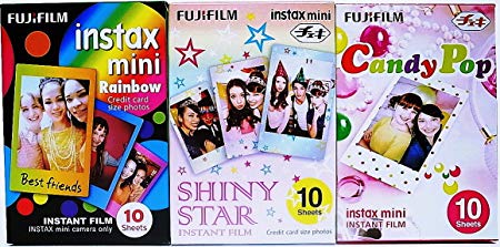 Fujifilm Instax Mini Instant Film Rainbow & Shiny Star & Candy Pop Film -10 Sheets X 3 Assort