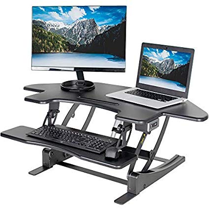 VIVO Black Electric Corner Standing Height Adjustable Cubicle Sit to Stand | 43" Wide Tabletop Desk Riser (DESK-V000VCE)