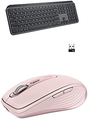 Logitech MX Keys Advanced Wireless Illuminated Keyboard - Graphite with Anywhere 3 Compact Performance Mouse, Wireless, Comfort, Fast Scrolling - Rose