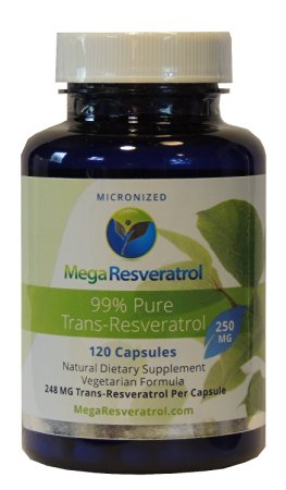 Mega Resveratrol, Pharmaceutical Grade, 99% Pure, Micronized Trans-Resveratrol, 120 capsules, 250 mg per capsule. Purity certified. Absolutely no toxic "Inactive Ingredients" added.